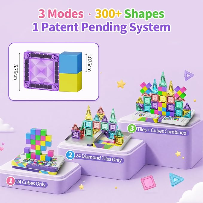 Travel Magnetic Tiles Building Set STEM Educational Building Toys | 48 PCS Transparent 3D Magnetic Blocks with Construction Board for Boys & Girls Ages 3-8 (3 in 1 Compatible)