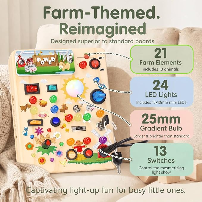 RichBoy Busy Boards, Lights Switch-Style, Wooden, 37-in-1, Medium | Toddlers Birthday Gifts, Montessori Toys, Autism Sensory, Fine Motor Skills, Educational Learning, Travel Essentials
