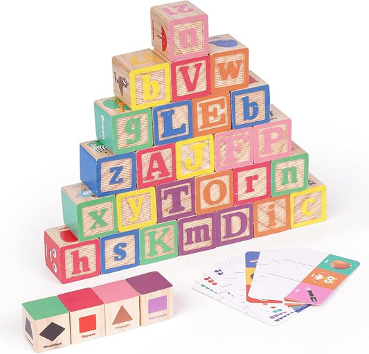 Wooden ABC Building Blocks for Toddlers,30 PCS Montessori Alphabet & Number Learning Toy with Matching Cards, Preschool Educational Toy for Stacking, Counting, Sensory Play, Gifts for Kids Boys Girls