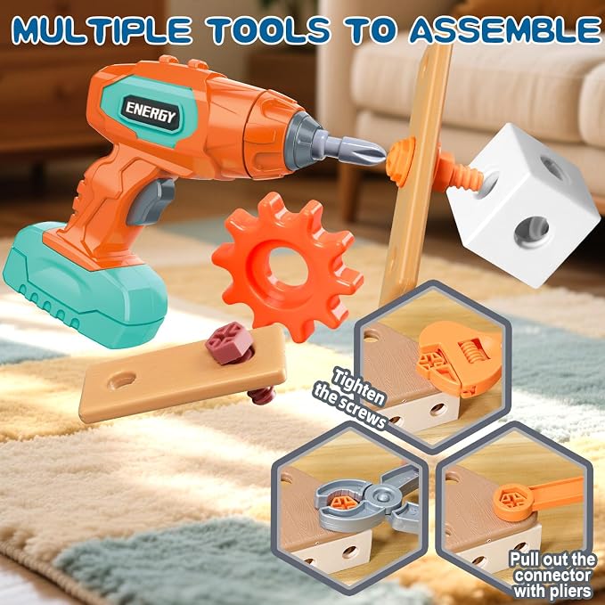 VEAIS Kids Tool Set with Drill,120Pcs Tool Set with ToolBench,Montessori Toy for 3+Year Old,Educational STEM Construction Toys for Ages 3-6,Pretend Play Kids Toys 3-5 Year Old Birthday Gift