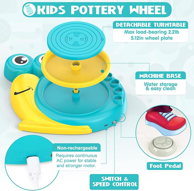 Aujazyble Pottery Wheel for Kids, Complete Arts & Crafts Kit for Kids 6-12+ | Crafts for Girls 8-12, Girls Boy Toys Birthday Halloween Christmas Gift for Kids Ages 6 7 8 9 10 11 12+, (Snail)