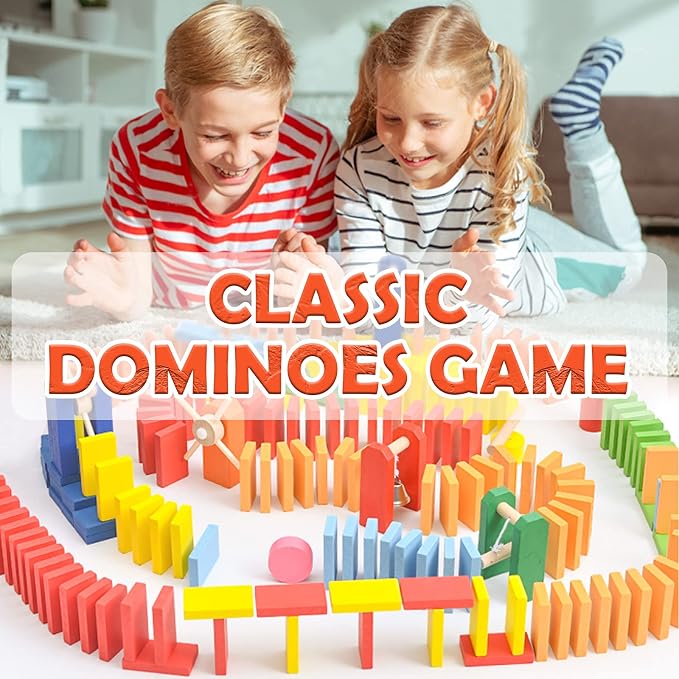 WOOD CITY 1000 Piece Dominoes Set for Kids with Extra 20 Blocks, Colorful Dominos Tiles for Building, Stacking, Racing, Tumbling, Wood Domino with Storage Bag and Box, Educational Toy