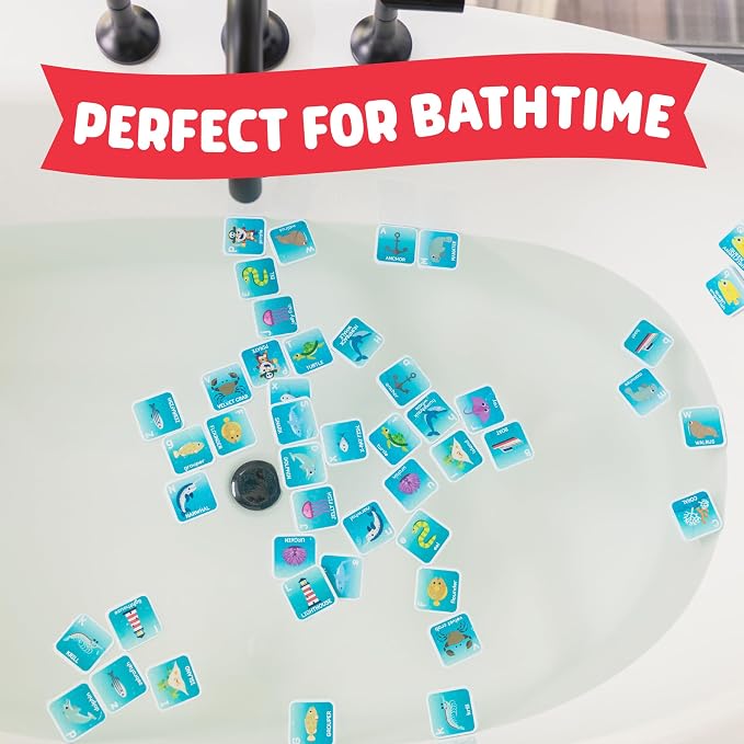 Chuckle & Roar Bath Matching Memory Game, Toddler Games, 52 Pc, Ages 3+ | ABC Letter Practice, Uppercase & Lowercase Letter Match, Drawstring Bag, Bathtub Pool & Dry Play, Foam Pieces Float & Stick