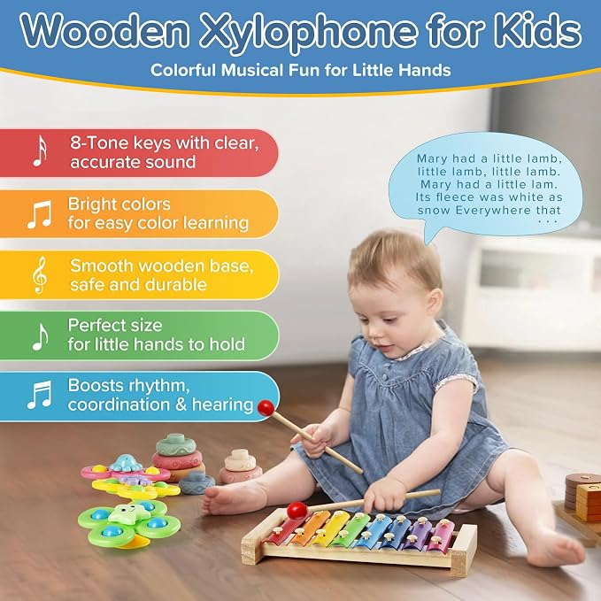 Somastung 7‑in‑1 Montessori Baby Toys for 6‑12 Months & 1+ Years, Infant Sensory Teething & Stacking Blocks | Wooden Shape Sorter, Xylophone Musical Toy, Birthday Gift for Toddlers 1‑3