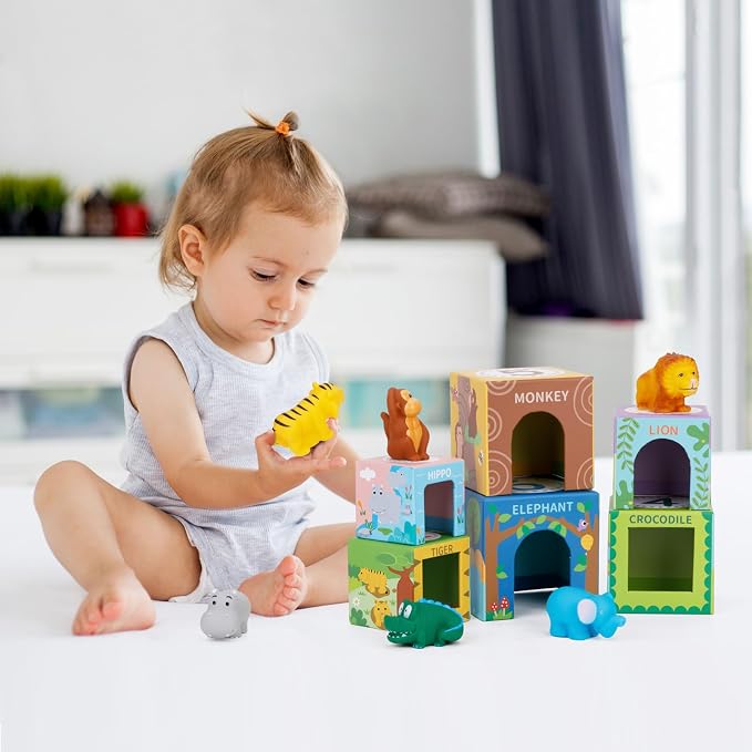 Sorting and Stacking Toys Blocks for Toddler Gifts 1-3, Soft Safari Animal | Bath Toys Age 2-4, Numbers Nesting Stackable Toys for Baby 12-18 Months, Montessori Toys Gifts for 1 2 3 Year Old Boys Girls