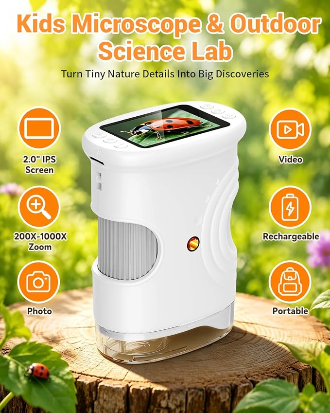 Handheld Microscope for Kids with 2.0" IPS Screen Digital Outdoor Gifts | Portable STEM Science Lab Toy, Rechargeable Pocket Microscope Age 8-12 Educational Gift for Boys & Girls, White
