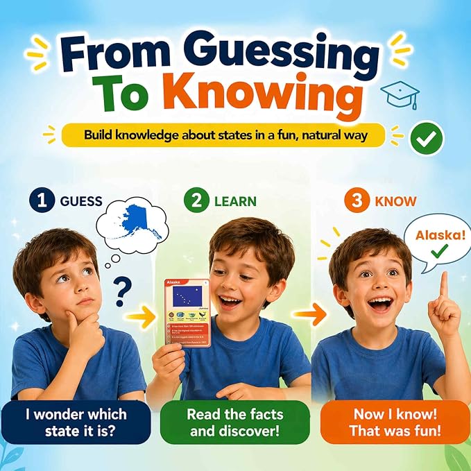 Quokka Who Guess It Better USA States – Educational Game with Visual Clues, Geography Learning Card Set, 50 Cards, Screen-Free Travel Game for Kids Ages 6+