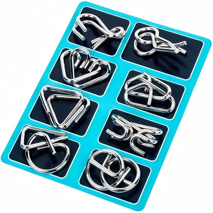 Metal Wire Puzzle Set of 24 with Pouch | Brain Teaser IQ Test Disentanglement Iron Link Unlock Interlock Game Party Favor Kids Adults Challen