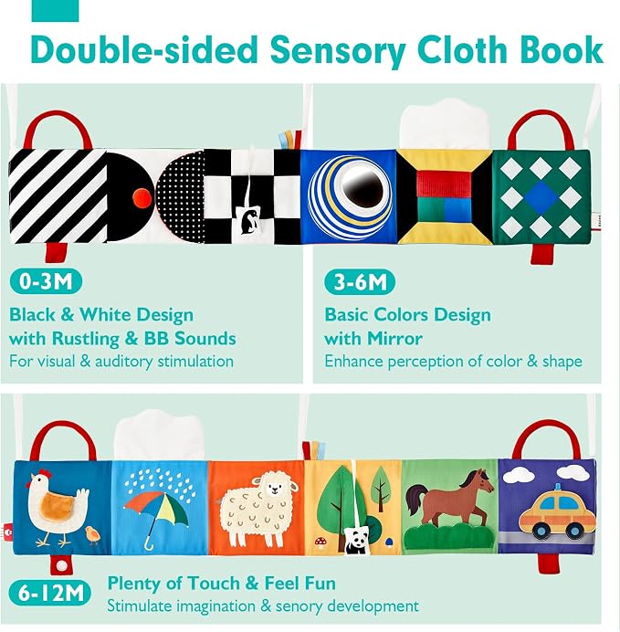 hahaland Baby Books Double-Sided High Contrast Newborn Toys | Baby Tummy Time Books 0-6 Months with Crinkle, Squeaky Sounds, Touch Feel, Visual Stimulation