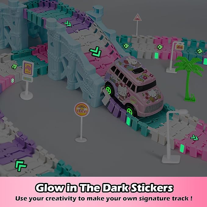 Coroiesty 215 PCS Unicorn Race Tracks for Kids Toys with 360° Loop Ramp | Glow in The Dark Magic Toy Set, 1 Unicorn Car Track, Flexible DIY Track Set, Birthday Gift for 3-9 Year Old Boys Girls