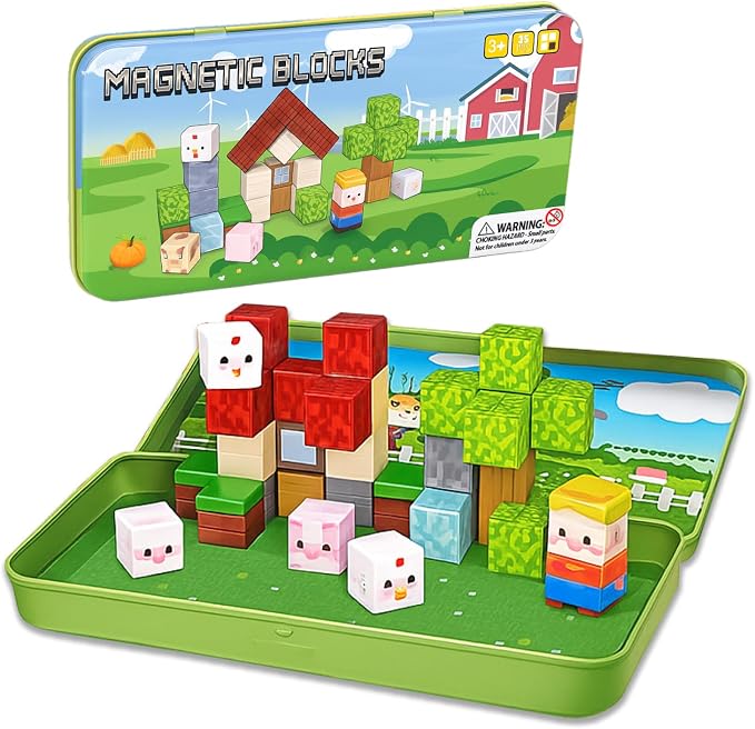 OAR 35 PCS Magnetic Blocks for Kids Ages 3-8, Farm Animal STEM Travel Toy | 35 Magnetic Cubes In An Iron Box Spark Creativity, Hand-Eye Coordination And STEM Thinking; Screen Free Travel Toy For Kids
