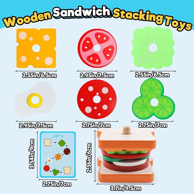 Wooden Sandwich Sorting Stacking Toys Play Food Set for Toddlers Preschool Educational Montessori Toys Fine Motor Toy for Kids Boys Girls