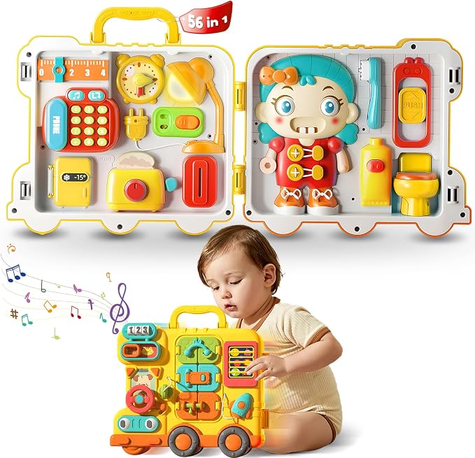 Busy Board for Toddlers 1-3, Musical Travel Activity Toys | Portable Montessori Activity Board with Lights & Music, Fine Motor Skills, Educational Developmental Toys Indoor, Outdoor