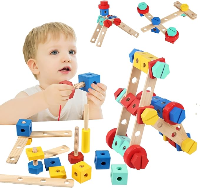 LOVELAND Wooden Take-Apart STEM Toy, 43-Piece Nut & Bolt Construction Set with Wooden Screwdriver & Wrench, Build Airplanes Helicopters Race Cars, Montessori Engineering Gift Ages 3-5