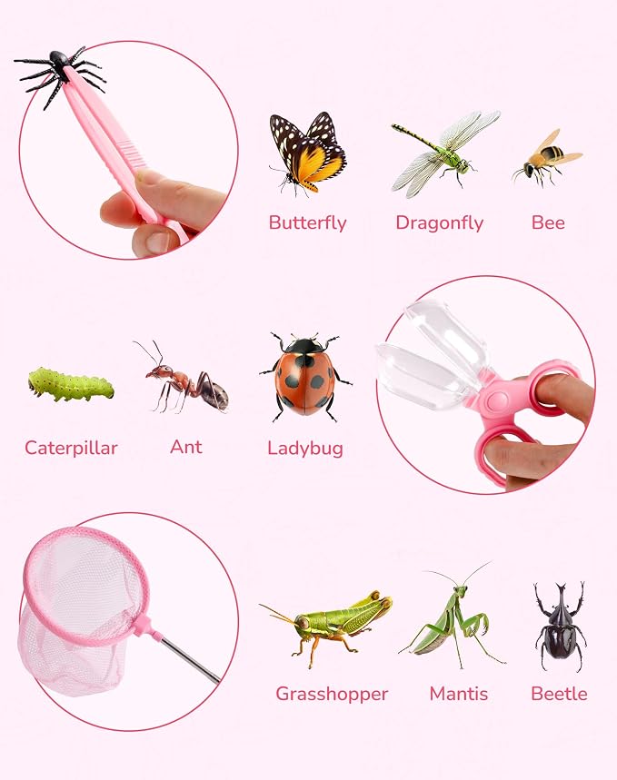 ROBUD Pink Dual Bug Catcher for Kids, Bug Catching Kit with Bag Kit, Pink Outdoor Exploration Set for Camping, Montessroi Toy for Kids Coming Closer to Nature, WRP60