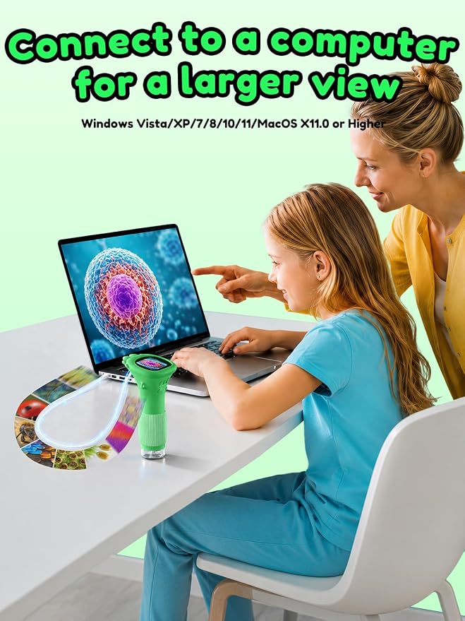 Acoath Microscope for Kids, 1000X Handheld Digital Miniscope with 2.0" Screen, Portable Pocket Microscope Education Toys Birthday Gifts for Age 3 4 5 6 7 8 9 10 Girls Boys-Green