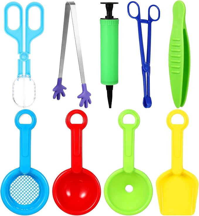 Wettarn 9 Pcs Sensory Bin Filler, Sensory Bin Tools, Fine Motor Skills Handy Scooper Set with 4 Scoops, 2 Tweezers, Scissors Clips, Plastic Forceps and Air Pump for Sorting Counting