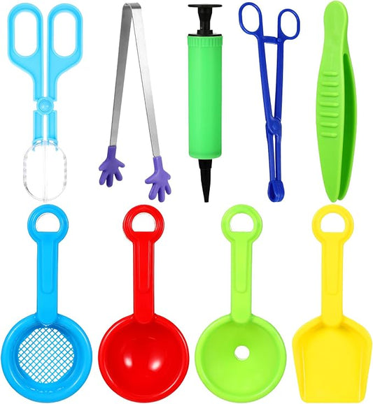 Wettarn 9 Pcs Sensory Bin Filler, Sensory Bin Tools, Fine Motor Skills Handy Scooper Set with 4 Scoops, 2 Tweezers, Scissors Clips, Plastic Forceps and Air Pump for Sorting Counting