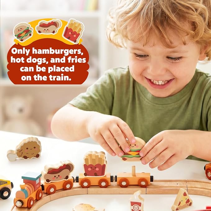 Lehoo Castle Wooden Train Set for Toddlers, Burger-Themed Train Track Set | Expandable Wooden Railway Playset, Compatible with Most Wooden Tracks, Birthday Gift for Boys & Girls Ages 3+