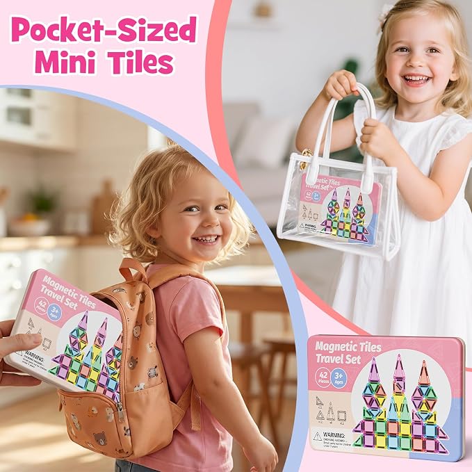WMDXU Travel Magnetic Tiles Set : 42PCS Travel Set with Iron Box for Girls | Sensory Building Blocks, Bright Colors & Shapes Boost, Iron Box Prevents Lost Pieces, Perfect for On-the-Go Play