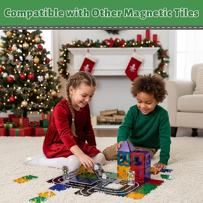 AFUNX Magnetic Tiles Road Set, STEM Building Blocks for Kids 3+ | Magnetic Road Tiles with Police Cars, Traffic Signs And Lights, STEM Building , Compatible with Other Tiles, Gift for Kids