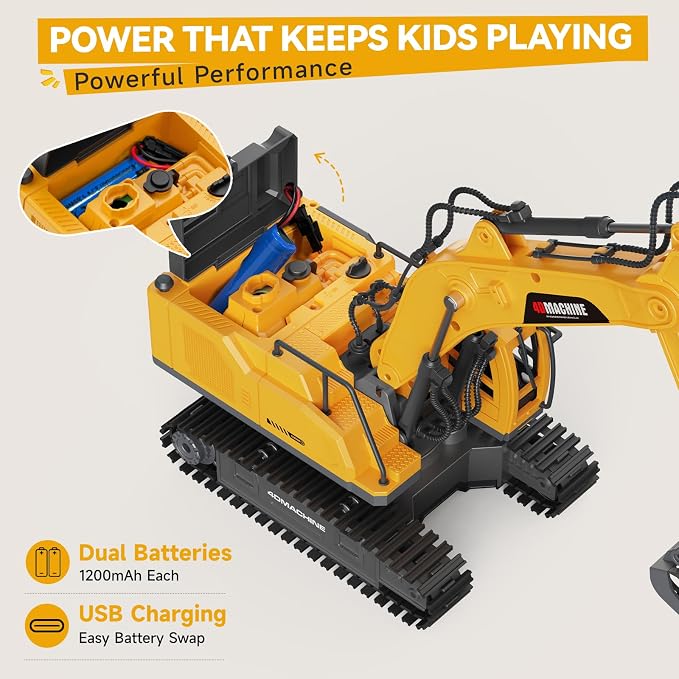 Remote Control Excavator Toy for Boys, 3-in-1 RC Excavator with Alloy Bucket, Breaker & Grapple, Construction Vehicle Toys with Lights & Sounds, 2×1200mAh Batteries, Birthday Gift for Kids 3-12