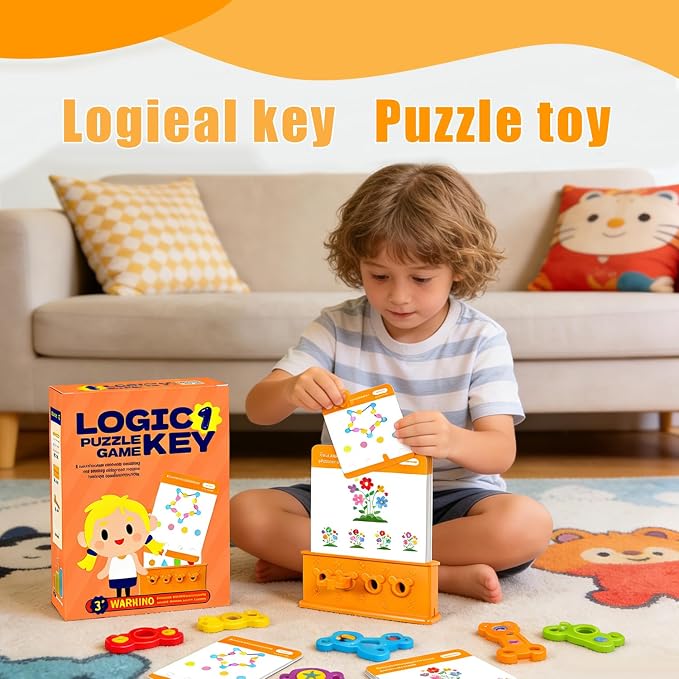 3 Levels Difficulty Toddler Preschool Educational Logic Key Toys, 64 Active Logic Flashcard Puzzles, for Kids with Card Base & Key,Logic Puzzle for Kids (3)