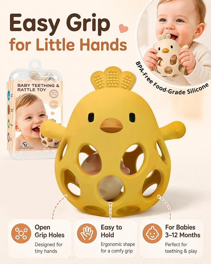 Tinabless 2-in-1 Baby Teether Rattle Toy, Easy Grip Silicone Teething Toy for Babies 3-12 Months, BPA-Free Sensory Chew Toy for Sore Gums, Infant Shower Gift (Yellow w/Rattle)