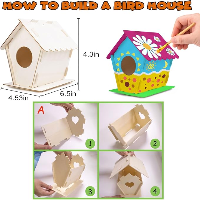 hapray 12 Pack Bird House Kit for Kids, DIY Wooden Birdhouse with Paints