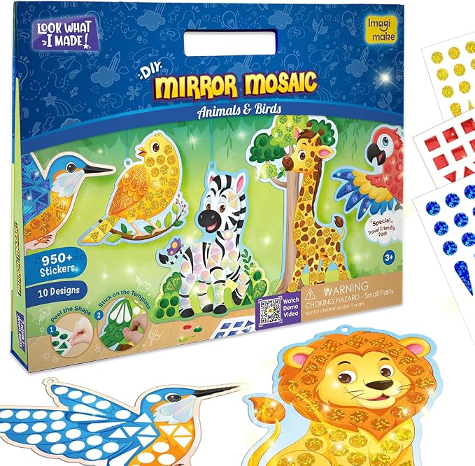 Imagimake Mirror Mosaic - Animals & Birds, 10 Templates, 950+ Stickers | Mess-Free Craft Activity, Screen-Free Creative Art Kit for Kids, Birthday Gift for Boys & Girls Ages 3,4,5,6,7 Years Old
