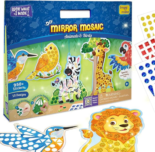 Imagimake Mirror Mosaic - Animals & Birds, 10 Templates, 950+ Stickers | Mess-Free Craft Activity, Screen-Free Creative Art Kit for Kids, Birthday Gift for Boys & Girls Ages 3,4,5,6,7 Years Old