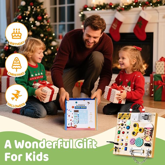 Montessori Wooden Busy Board Toys for 1 2 3 Boys Girls,Toddler Sensory Educational Fidget Board Travel Toy with LED Light Up Switches & Music Boxes, Locks for Kids Gifts