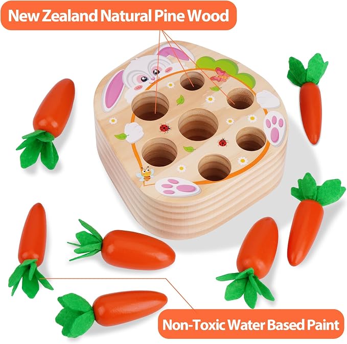 KMTJT Montessori Toys for 2 3 Year Old Toddlers | Wooden Carrot Harvest Toy | Sorting & Matching Game for 2+ Years, Fine Motor Skills Development, Educational Gifts for Baby Boys & Girls (Red)
