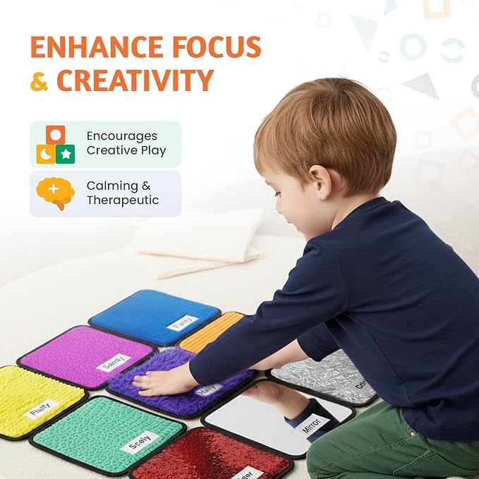 KIGLY® Labeled Sensory Mats for Kids - 9 Pack | Sensory Toys for Classroom with Activity Guide & Canvas Bag - 9x9 inches | Colorful Textured Mats for Autistic Children & Toddlers Learning