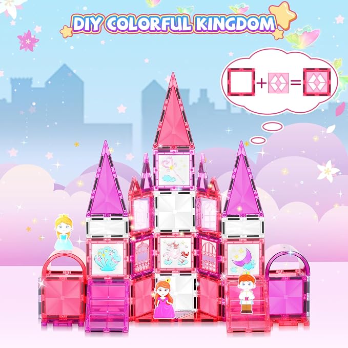 Magnetic Tiles 101PCS Pink Princess Car STEM Toy 3-8 | 101‑piece magnetic princess set with car. STEM toy for creative 3D building. Great gift for ages 3‑8.