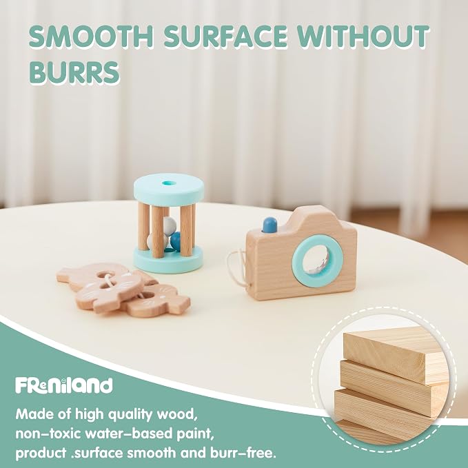FReniland Wooden Montessori Toys, 3-Piece Wooden Baby Toys, Rotating Drum Toy, Camera Kaleidoscope Toys, Baby Key Rattles,Newborn Baby Gift Sets for Boys and Girls