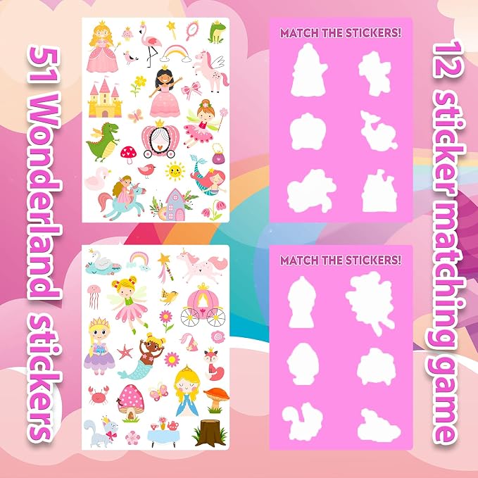 Jelly Sticker Books for Toddlers 2-4 Years, Reusable Sticker Book for Kids 1-3, Toddler Easter Basket Stuffers＆Travel Essentials Princess Stickers Toddler Plane Activities (Wonderland)