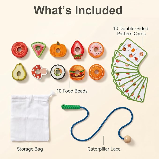 Wooden Caterpillar Lacing Toy, Fine Motor Skills Preschool Gift | 10 Fruit and Vegetable Threading Beads with 10 Double-Sided Pattern Cards, Montessori Toy for Toddlers