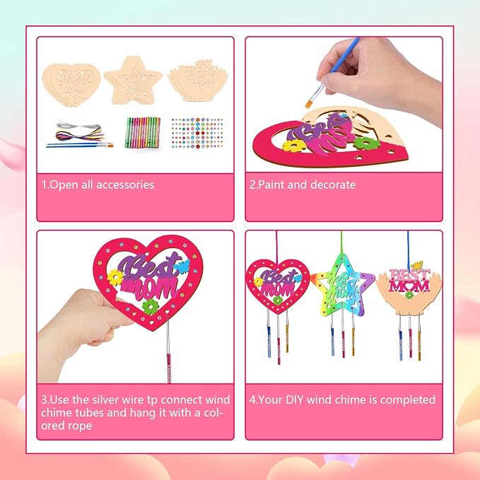 Fennoral 9 Pack MOM Wind Chime Kit for Kids Make You Own Mother's Day Wind Chimes DIY Coloring Mother's Day Wooden Art and Craft for Art Activity Mom's Birthday Decoration Mum Gifts