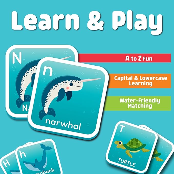 Chuckle & Roar Bath Matching Memory Game, Toddler Games, 52 Pc, Ages 3+ | ABC Letter Practice, Uppercase & Lowercase Letter Match, Drawstring Bag, Bathtub Pool & Dry Play, Foam Pieces Float & Stick