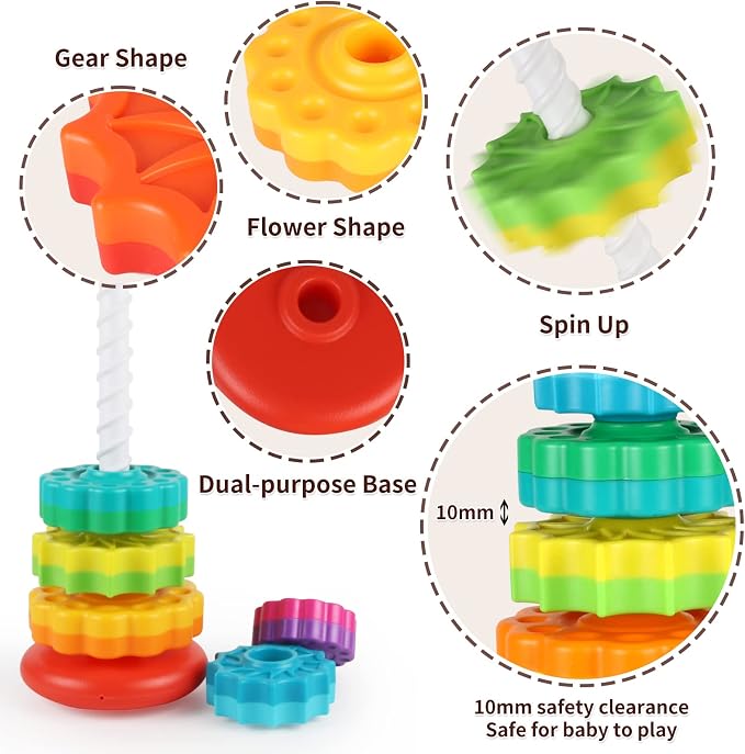 JUXUE Baby Spinning Stacking Toys for Toddlers 1-3, Rainbow Ring Stacker Montessori Toys for Babies for 12 Months, 1 2 3 One Year Old Girl Boy Christmas Birthday Gifts, Autism Sensory Learning Toy