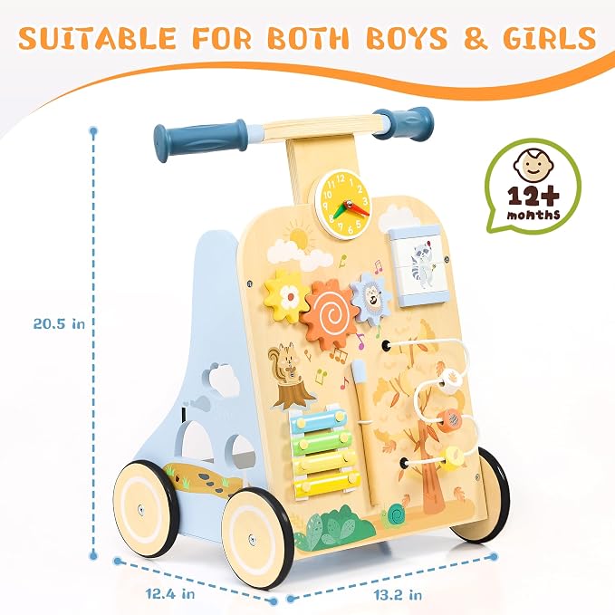 Baby Walker with 7-in-1 Montessori Activity Center for Toddlers | Wooden Baby Walker with Wheels Includes Montessori Sensory Toys and Activity Center 6-18 Months for Boys and Girls