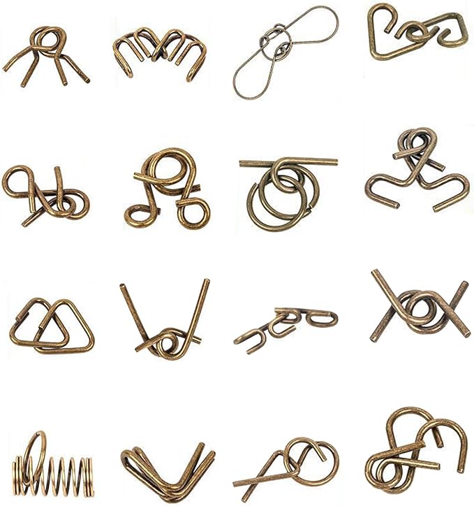 Ahyuan Metal Wire Puzzles Set of 16 with Pouch Large Thick IQ Test Mind Games Toys Brain Teaser Puzzles Metal Wire Magic Trick Toy Metals IQ Puzzle Fidget Toys Party Favors for Kids Adults (Bronze)