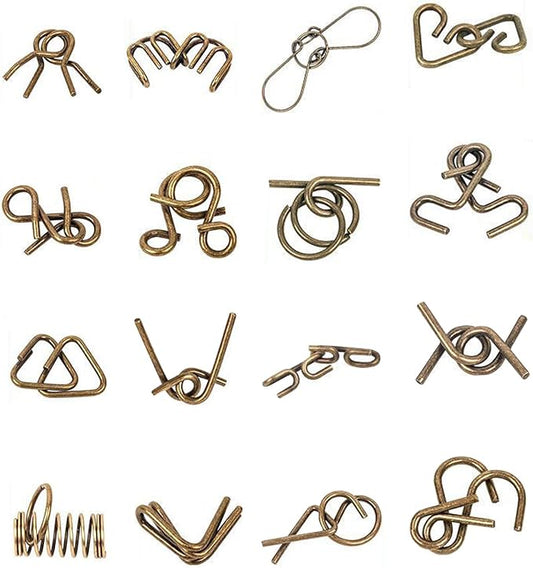 Ahyuan Metal Wire Puzzles Set of 16 with Pouch Large Thick IQ Test Mind Games Toys Brain Teaser Puzzles Metal Wire Magic Trick Toy Metals IQ Puzzle Fidget Toys Party Favors for Kids Adults (Bronze)