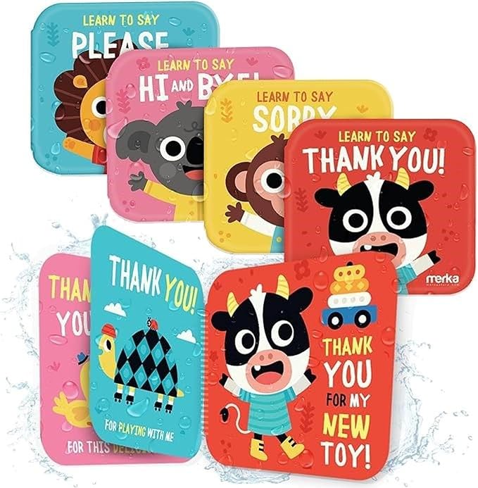 merka Baby Bath Books for Toddlers, 4 Pack Waterproof Bathtime Books, Bath Toys Floatable in Bathtub, Learn to Say Thank You, Sorry, Hi Bye, Please