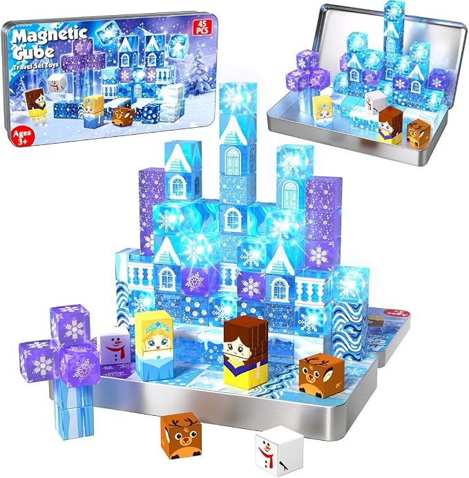 Magnetic Blocks - 45Pcs 0.8in Travel Toys Transparent Magnetic Building Block with Magnetic Tin Box for Kids, Light Up Magnet Block Blue Princess, Princess Toy for Girl 3+ Christmas Birthday Gift