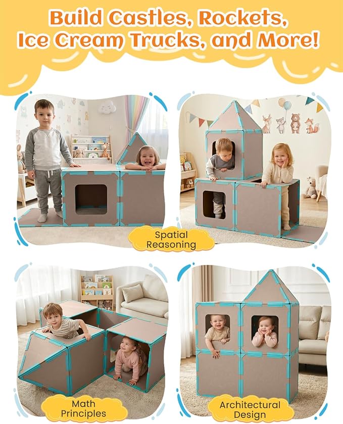 Magnetic Fort Building Kit, 20-Piece Giant Magnetic Tiles Fort for Kids STEM Creativity, Strong Magnets & Safe Magnetic Fort Building Panels for Building Castles, Boat & Tunnels, Ages 3+