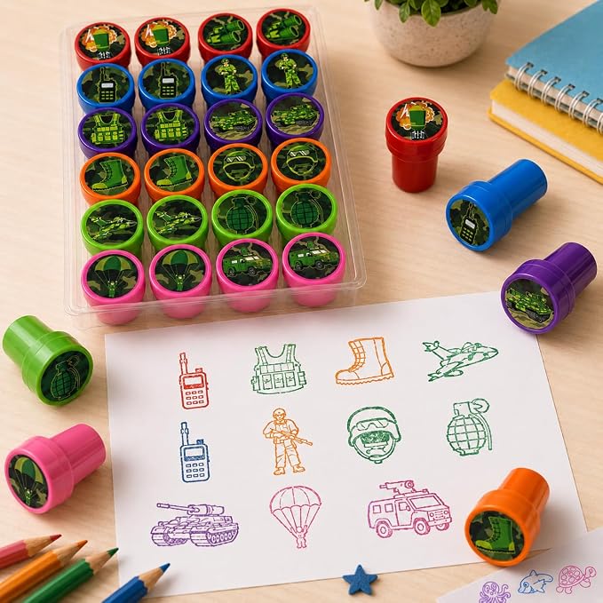Cinrobiye 24 Pcs Military Stampers for Kids, Pre-Inked Army Soldier Stamp Set, Military Birthday Party Favors, Classroom Rewards, Goodie Bag Fillers, Treasure Box Prizes, Carnival Supplies