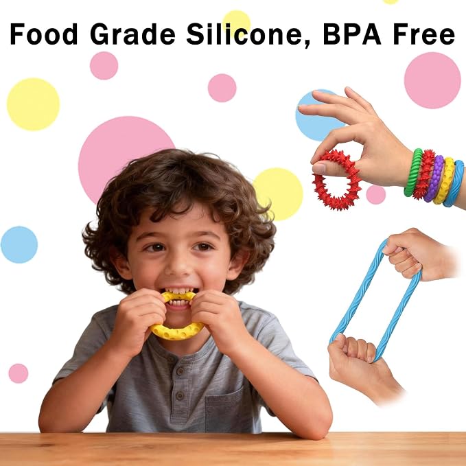 5 Pack Chewable Sensory Fidget Bracelets for Kids, Textured Silicone Bands | Chewable Sensory Fidget Bracelets for Kids, Stretchy Textured Silicone Bands for Classroom, Travel and Quiet Play