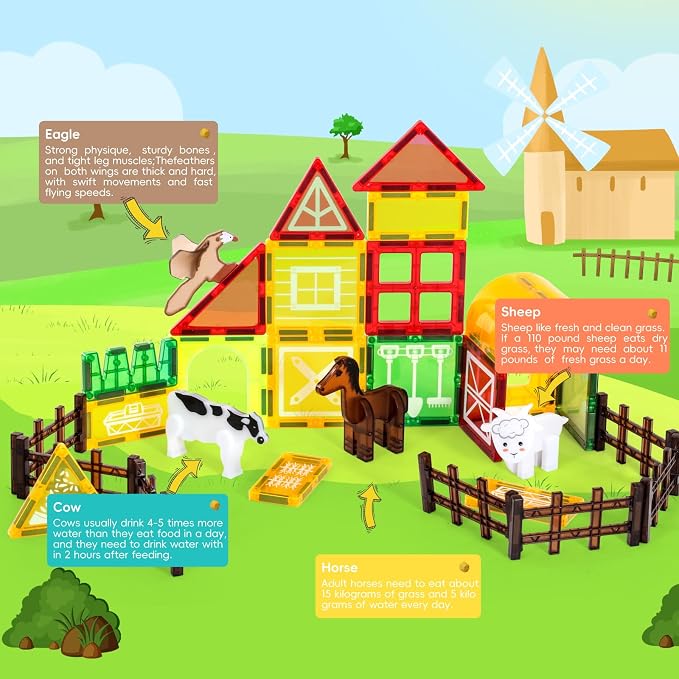 Magnetic Tiles Farm Animals Set - 30 Pcs Building Blocks with Fence – Montessori Sensory Toy for Toddlers 3-5 – Preschool Early Learning Construction Set for Home/Nursery – Ideal Gift for Boys & Girls